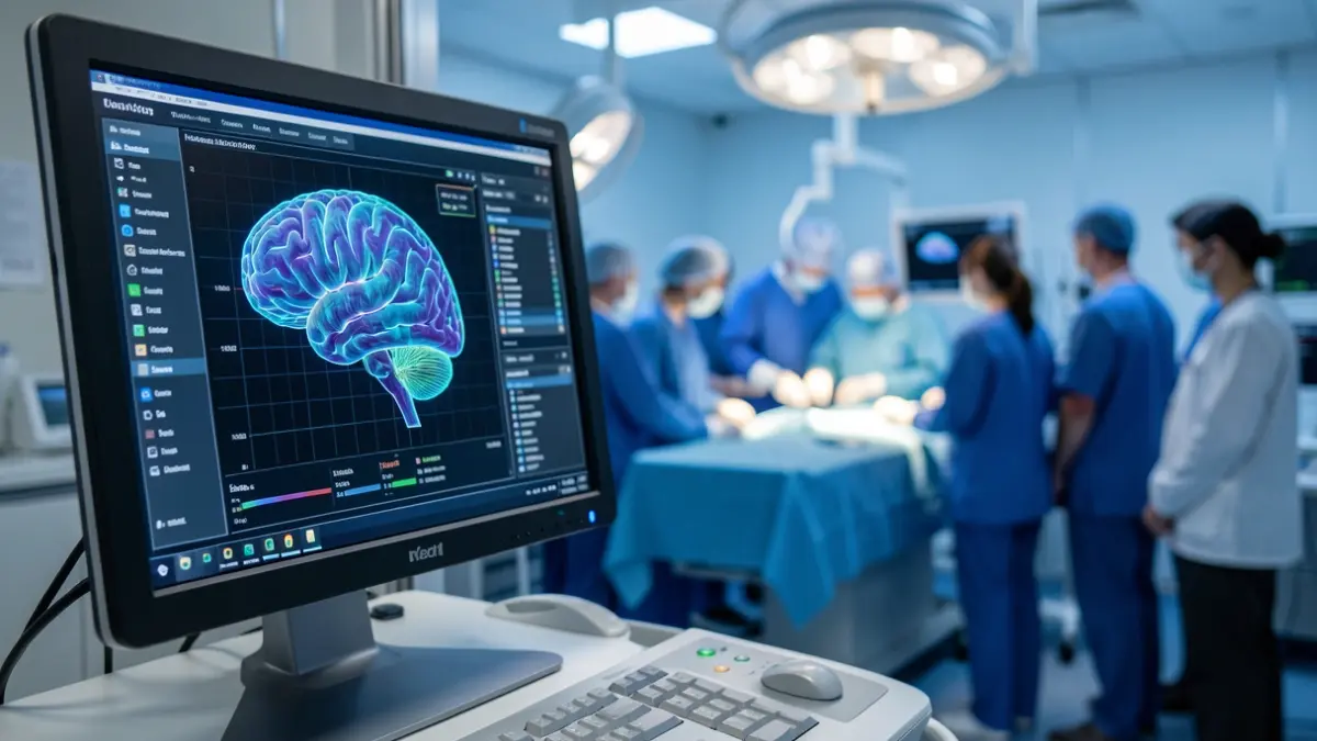 Imatge genèrica d'una estació de treball mèdica amb dades de mapatge cerebral.