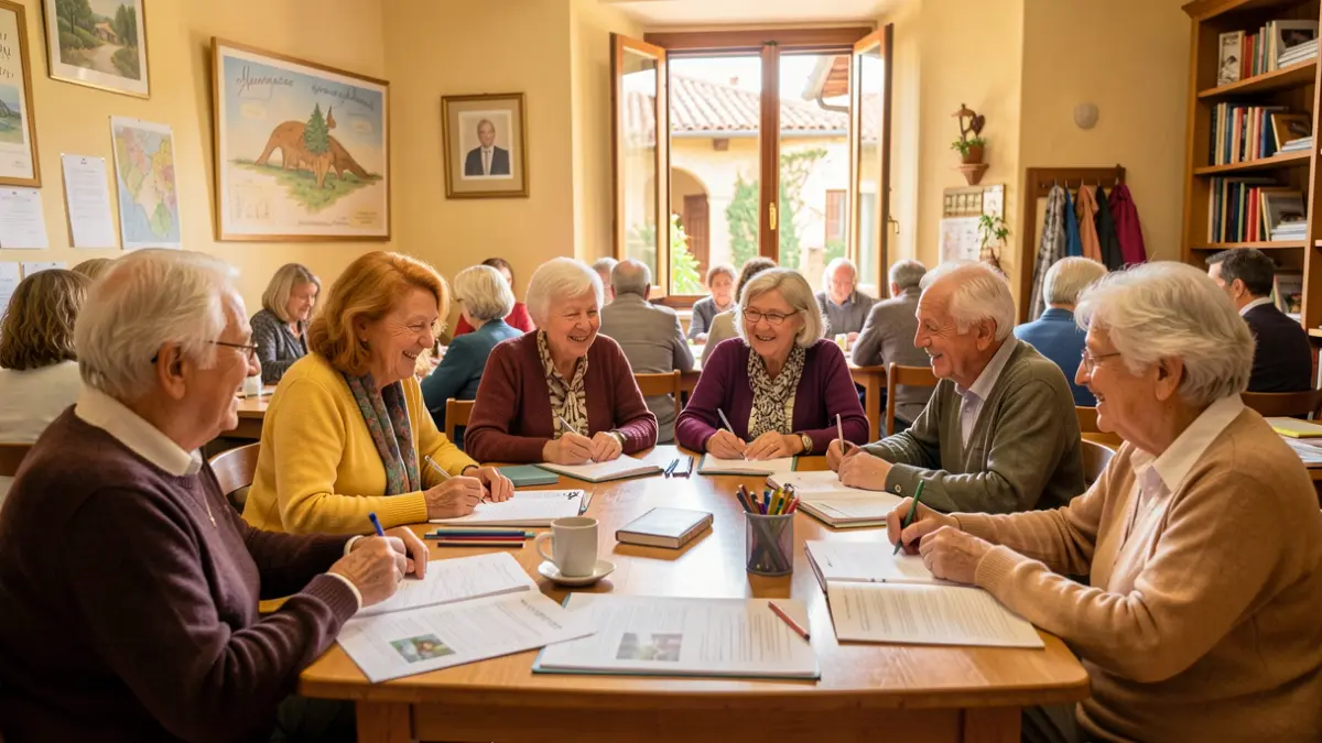 Generic image of elderly people learning English in a classroom.