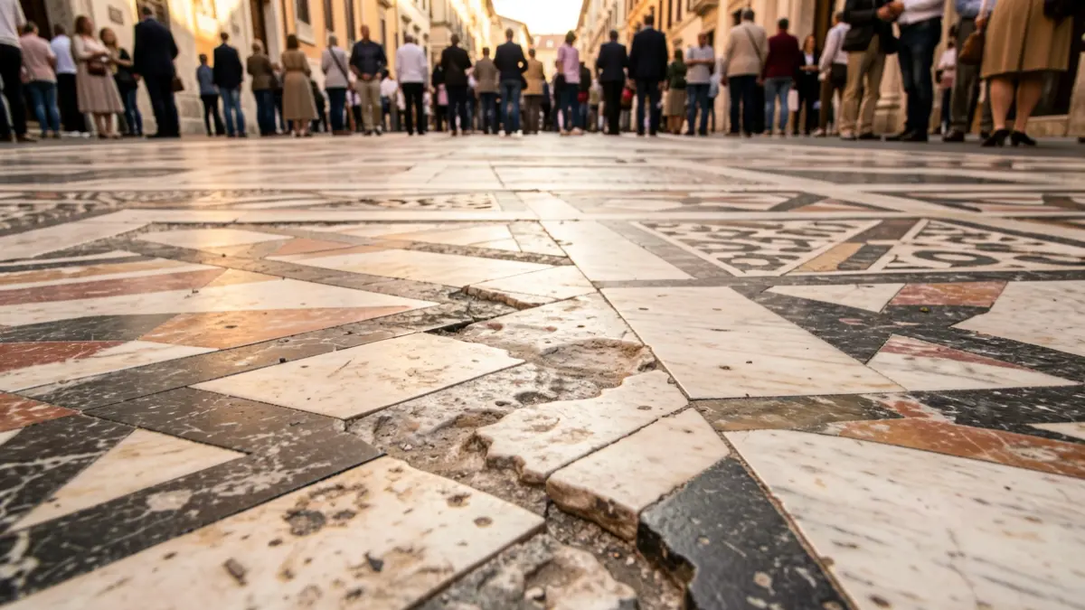 Detalle de fragmentos antiguos de pavimento de mármol romano con patrones geométricos.