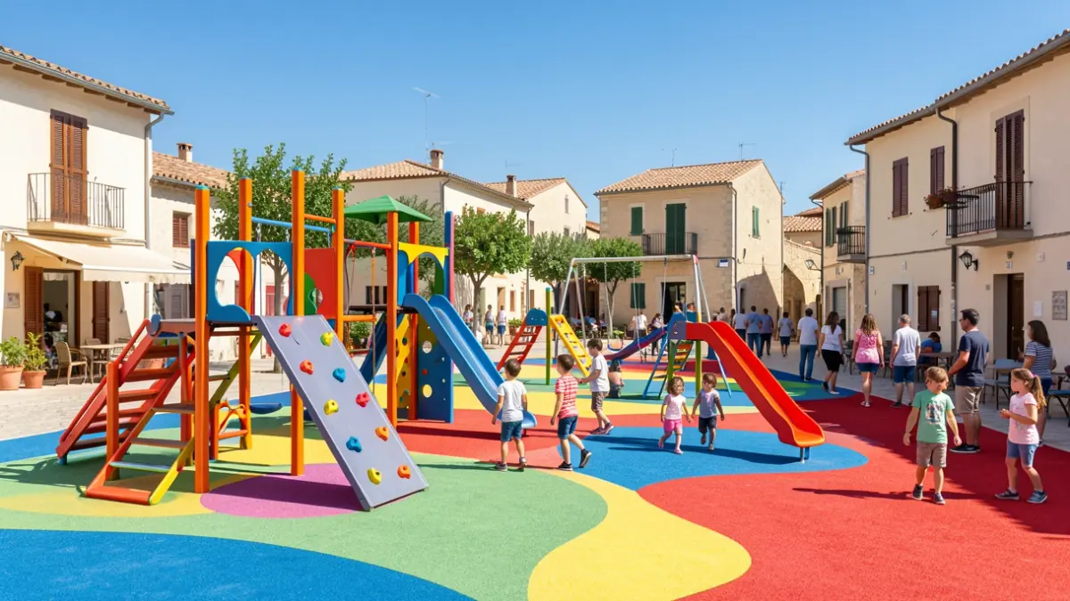 Parc infantil renovat a Sant Fruitós de Bages amb nous jocs i paviments tous.