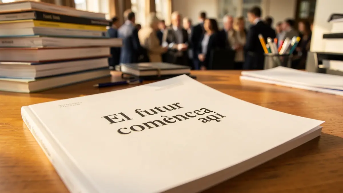 Guía 'El futuro empieza aquí' sobre una mesa de madera con material de oficina desenfocado.