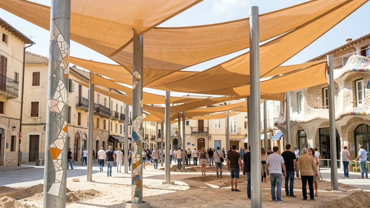 Construction work for shade structures in the Plaça de la Cultura de la Pau in Reus, featuring metal pillars and ochre fabric bands.