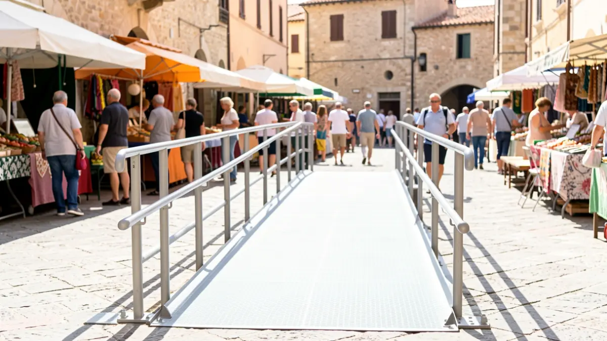 Rampa accessible per a un mercat exterior amb arquitectura mediterrània.