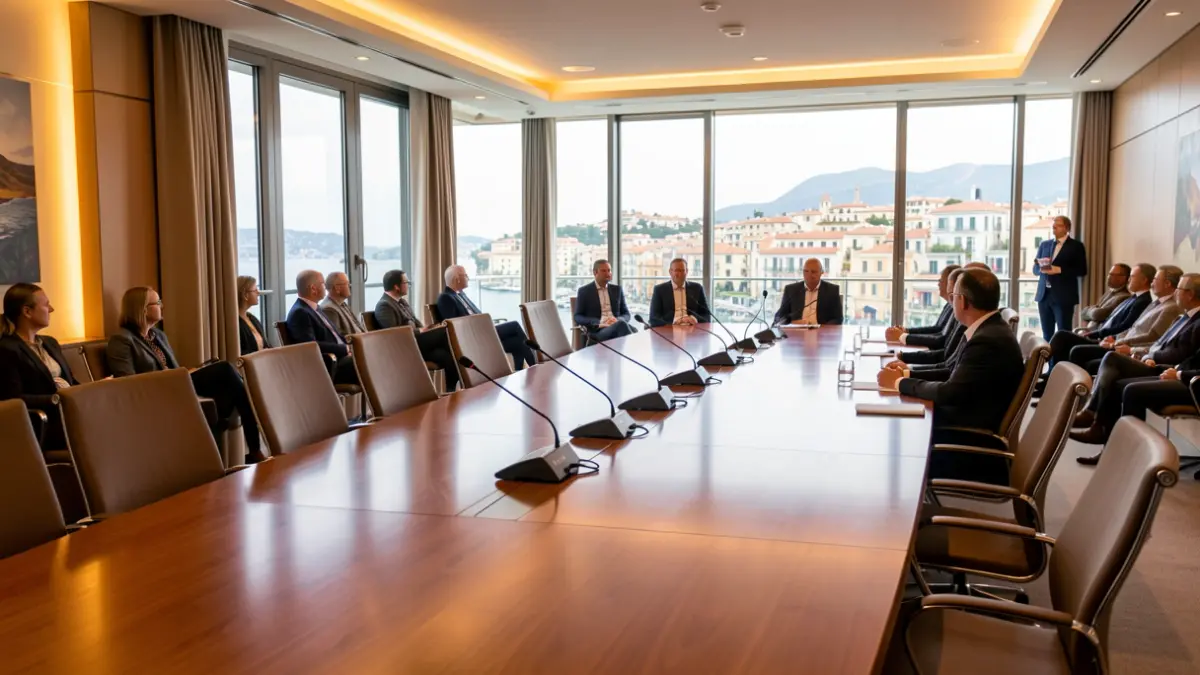 Sala de reuniones de un edificio institucional con mesa larga y micrófonos.