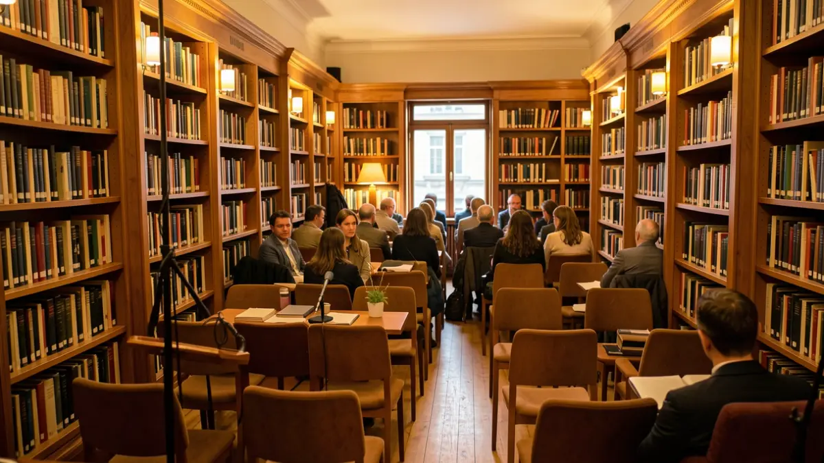 Imatge genèrica d'una sala d'actes amb micròfon i prestatgeries.