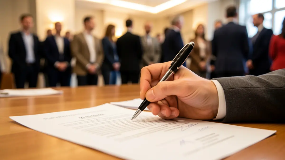 Imatge genèrica d'una mà a punt de signar un document oficial.