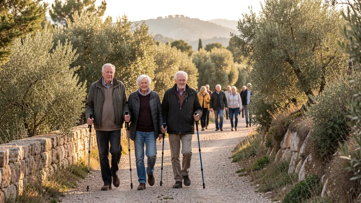 Personas mayores haciendo marcha nórdica por un camino rural en Cataluña.