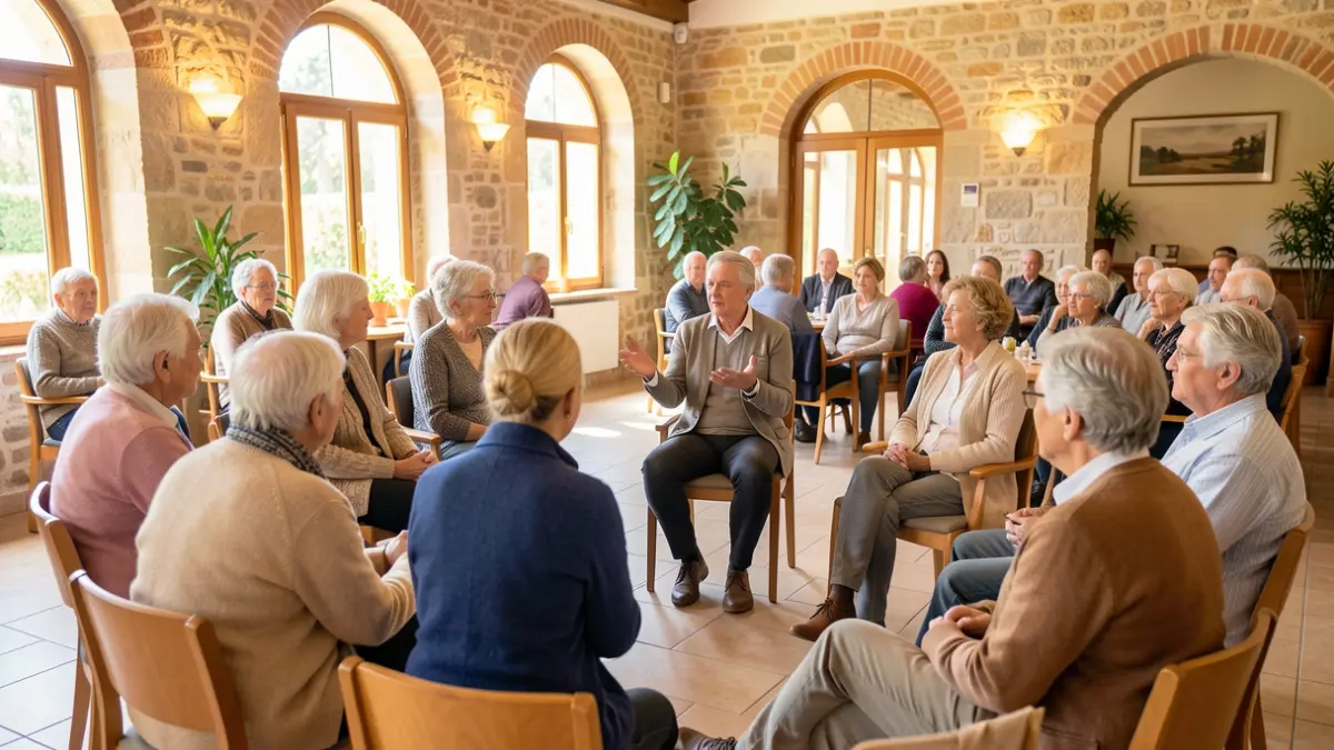 Persones grans participant en una xerrada sobre la gestió del temps en un centre cívic.