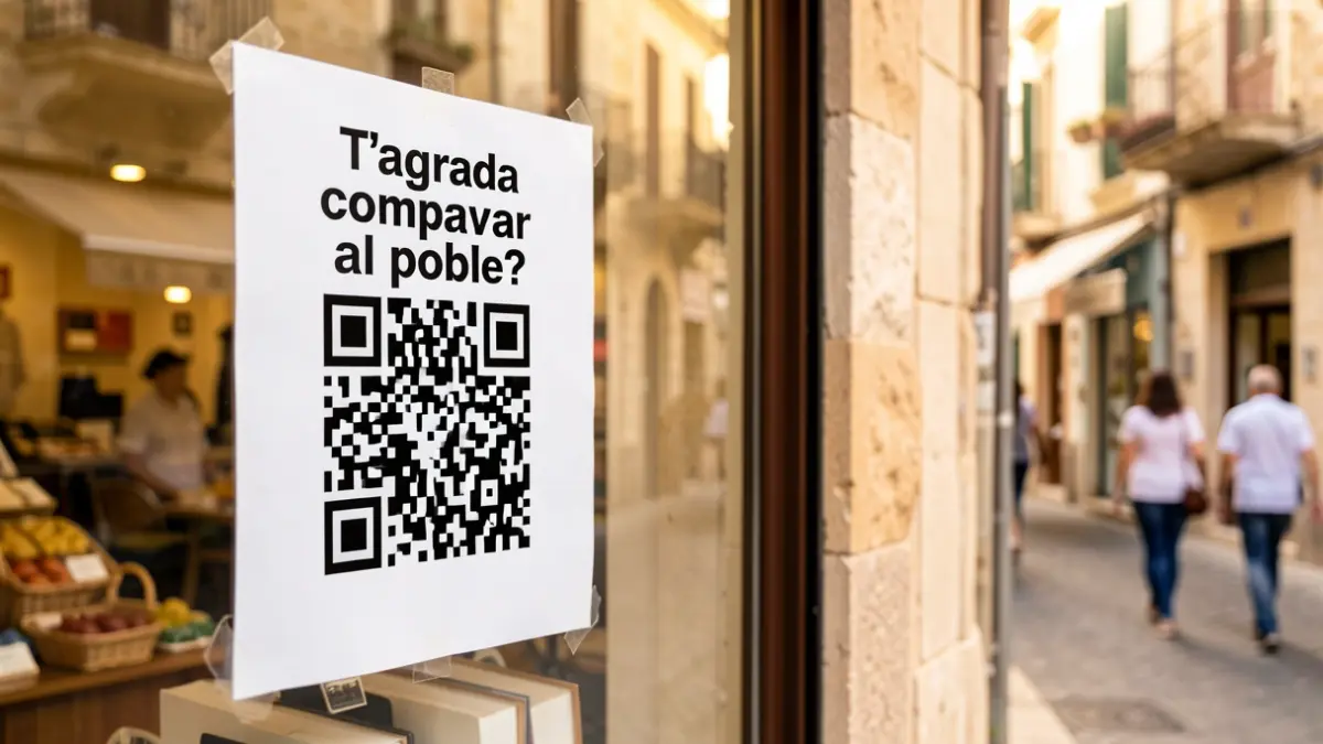 Poster with QR code to give opinions on local commerce in Caldes de Montbui.