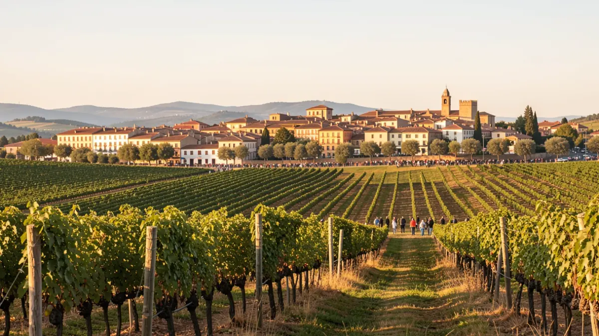 Paisatge rural de Pacs del Penedès amb vinyes i el poble al fons.