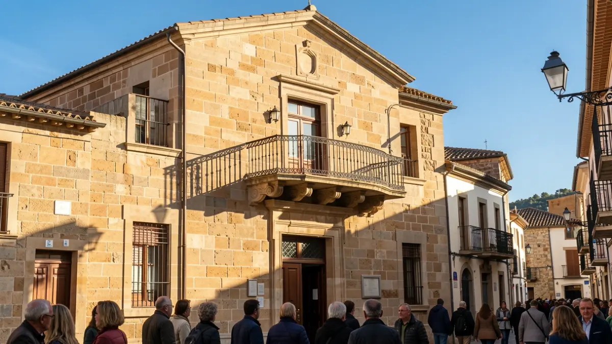 Façana de l'Ajuntament de Palafrugell amb balcó i baranes de ferro, sota la llum del sol de la tarda.