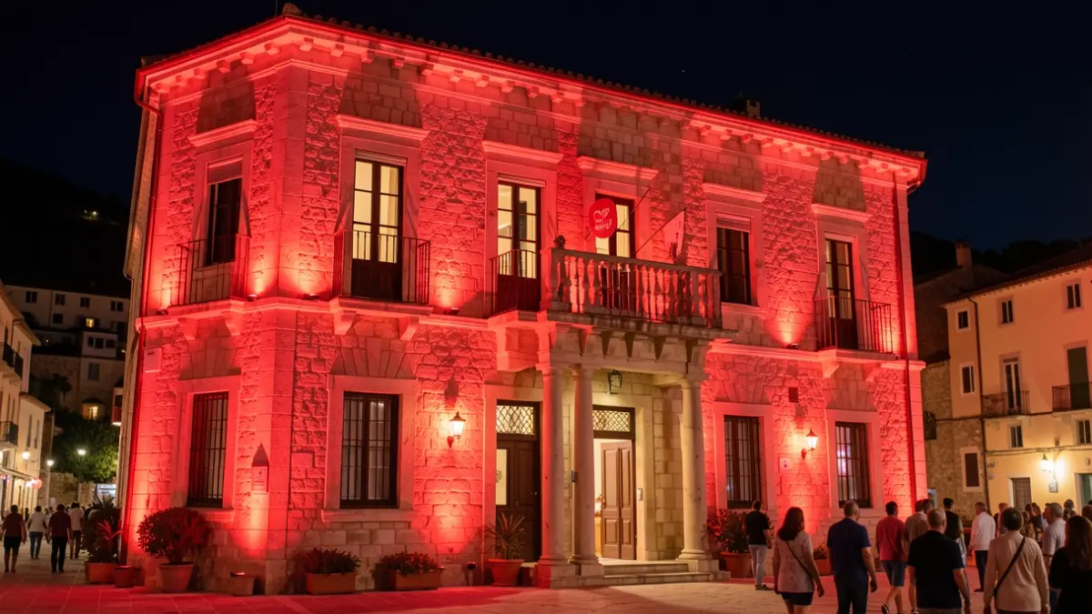 Facade of Can Bech in Palafrugell illuminated in red for World Heart Day.