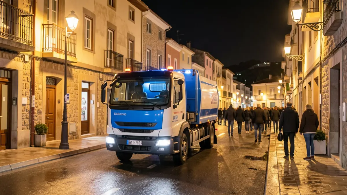 Un camión de limpieza viaria opera de noche en Palamós.