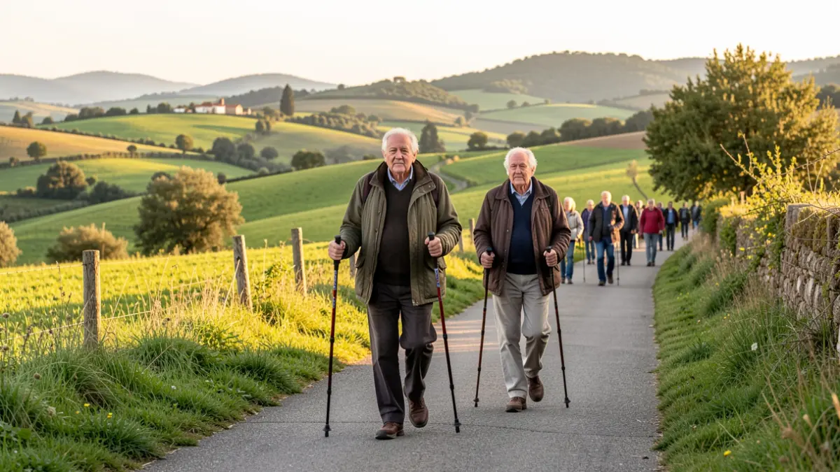 Elderly people doing Nordic walking in a rural Catalan landscape.
