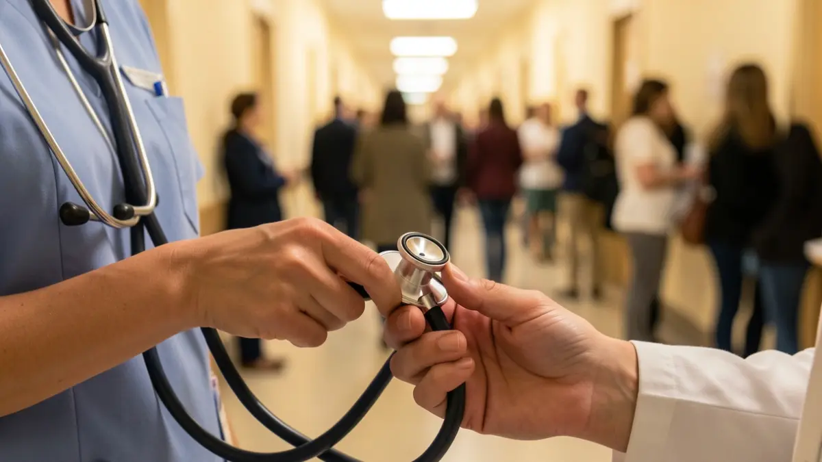 Primer pla de mans d'una infermera subjectant un estetoscopi en un hospital.