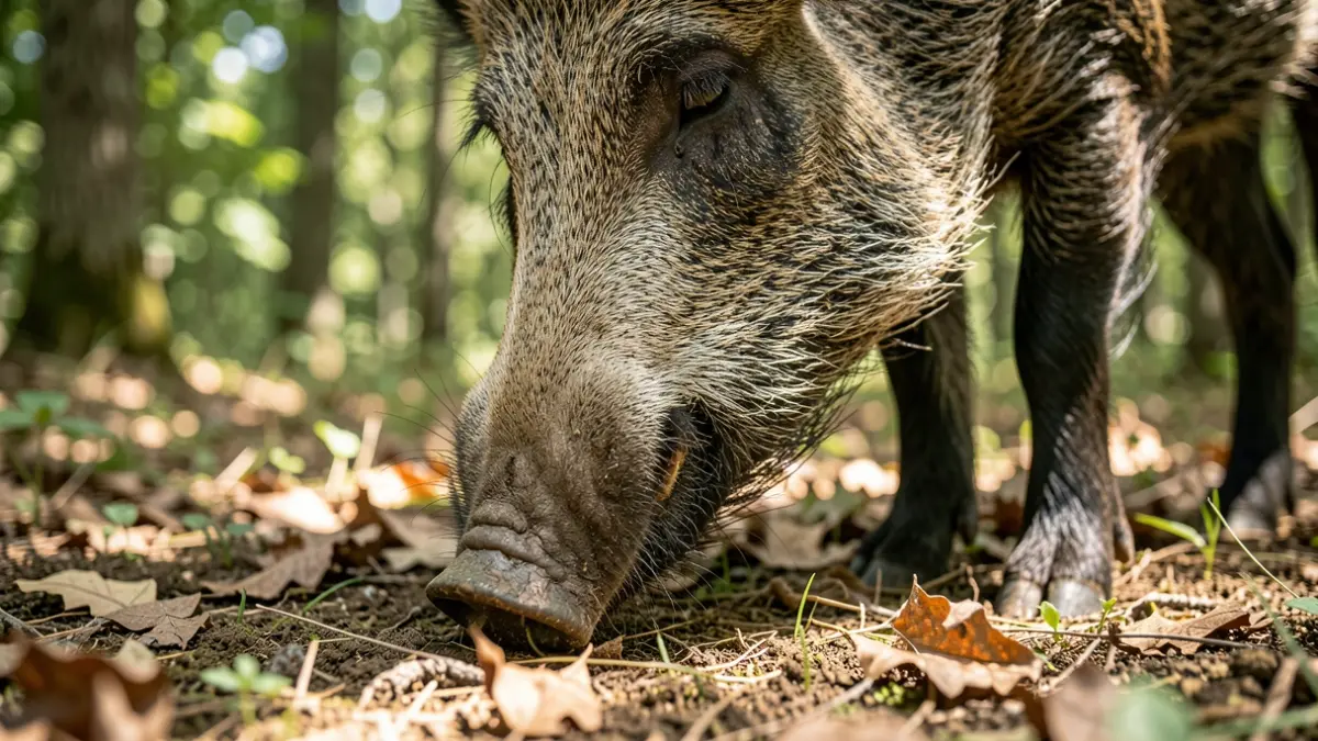 Primer pla d'un senglar buscant menjar en un bosc mediterrani.