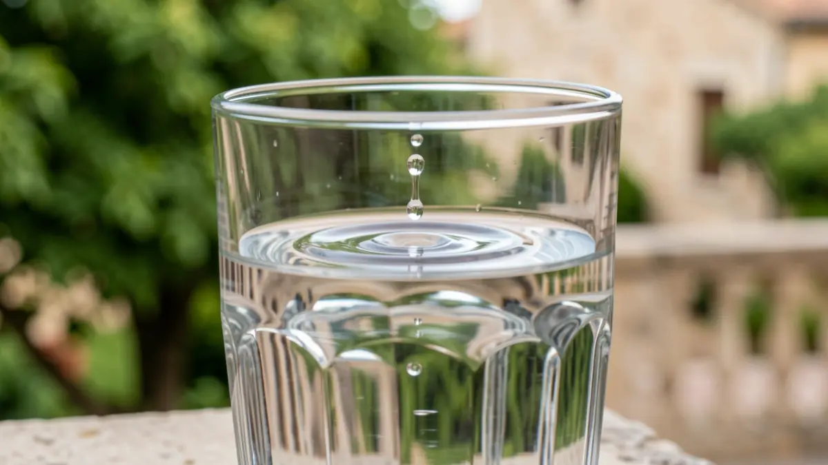 Clear water drop with ripples on a green background.