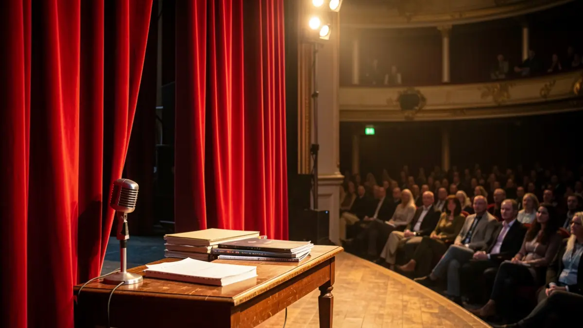 Escenari de teatre amb cortines vermelles i atrezzo.