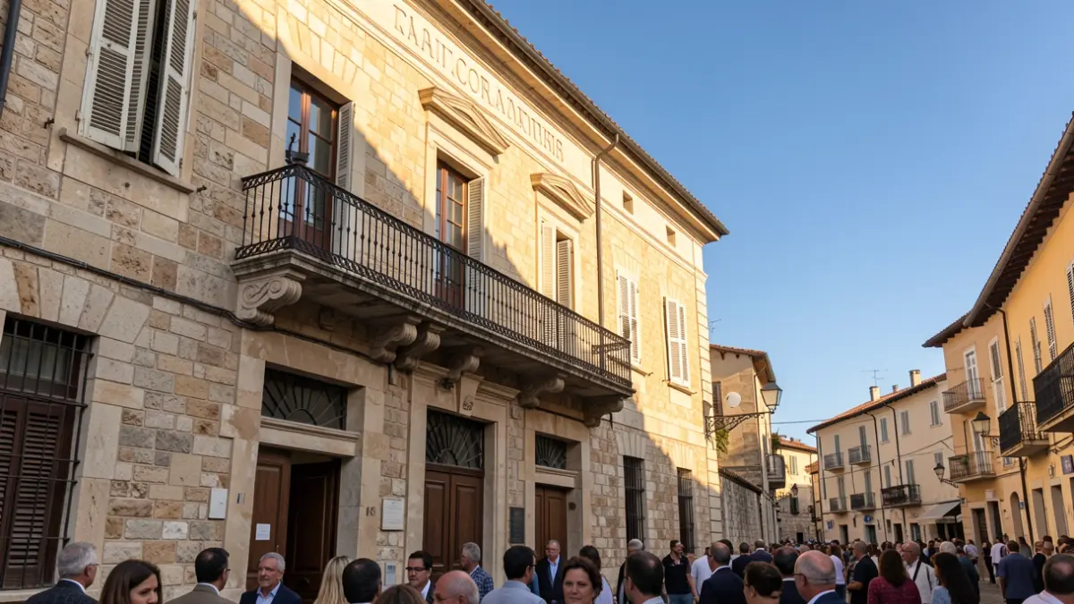 Façana d'un ajuntament de pedra amb balcó i baranes de ferro, llum de tarda.