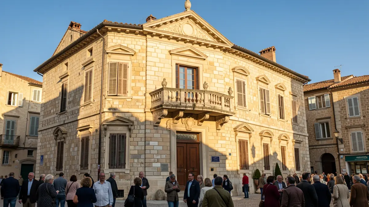 Fachada de un ayuntamiento mediterráneo con balcón y luz cálida.