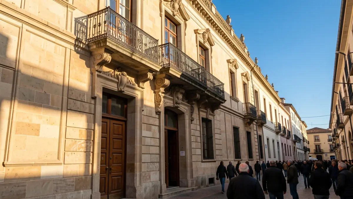 Facade of the Tàrrega Town Hall with balcony and iron railings, warm afternoon light, and blue sky.