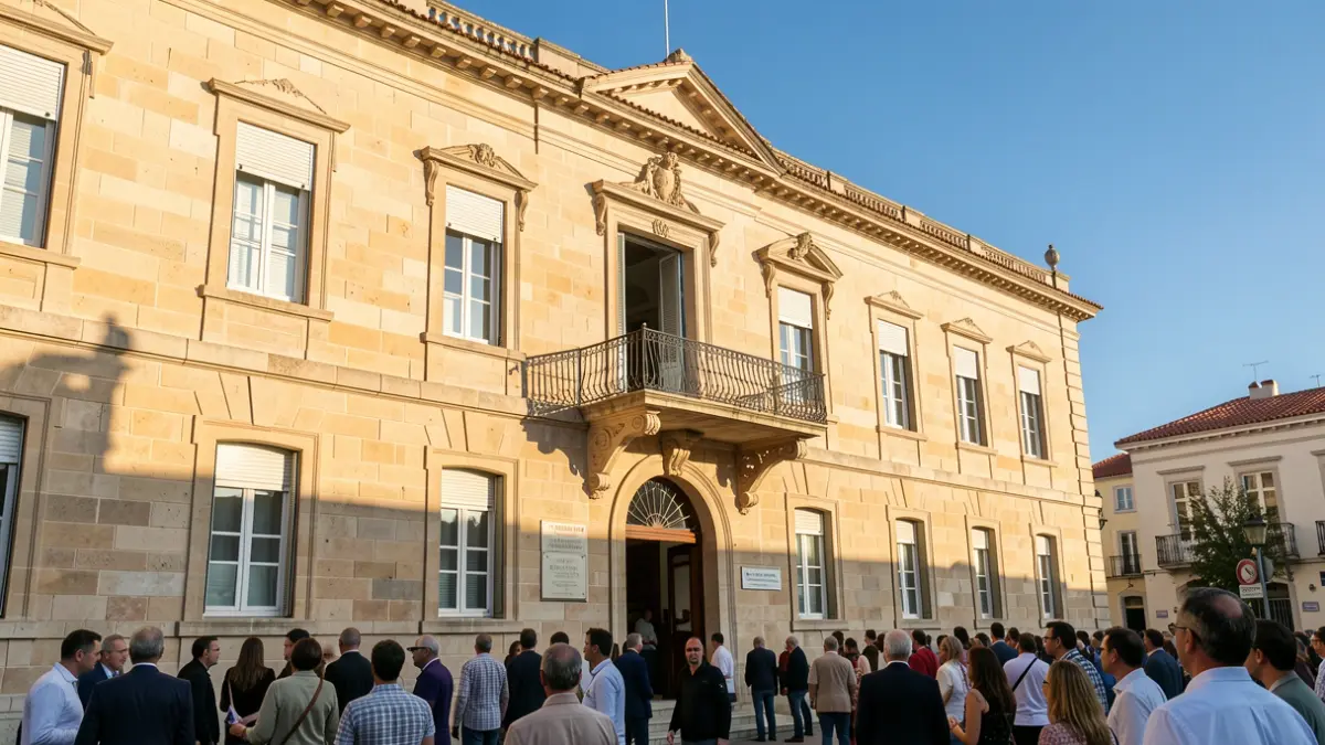 Facade of the Sitges Town Hall with a balcony and blue sky.