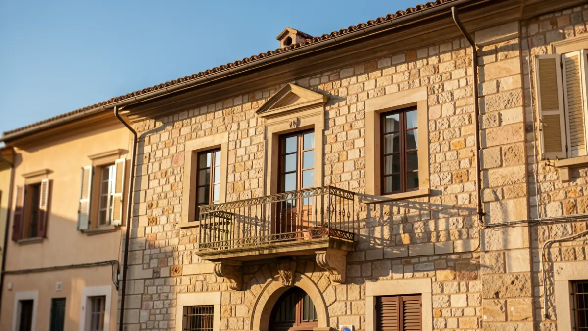 Town hall of Sant Pere de Vilamajor with balcony and blue sky.