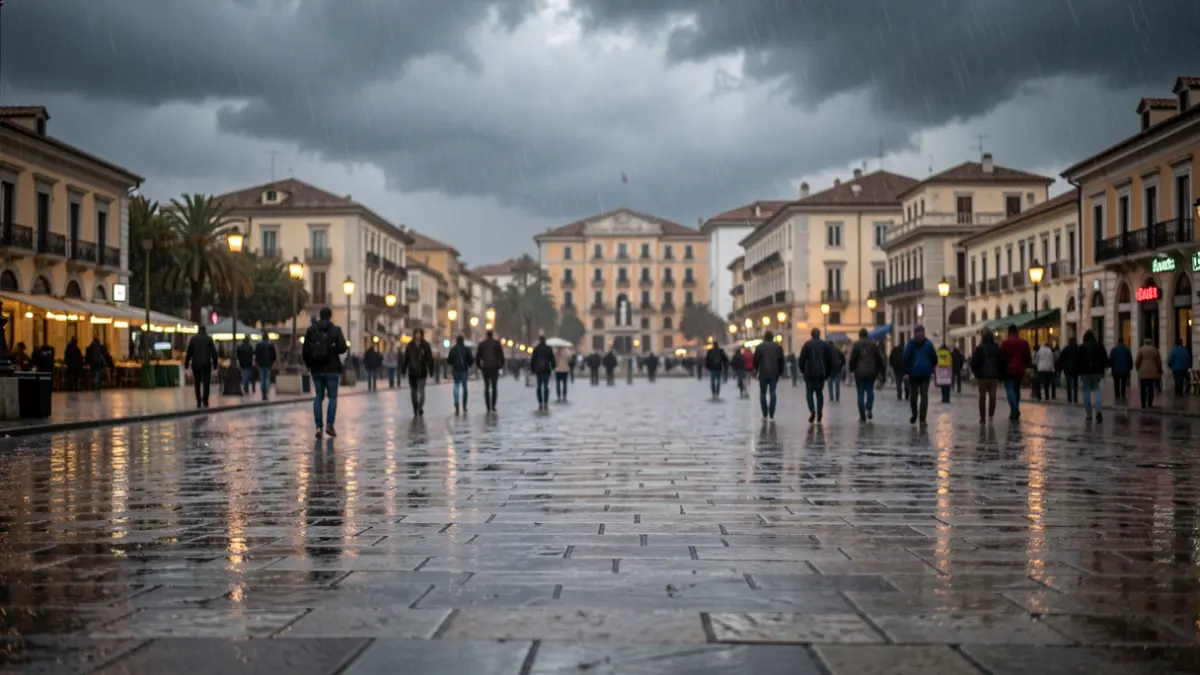 Generic image of heavy rain in Barcelona with Mediterranean architecture.