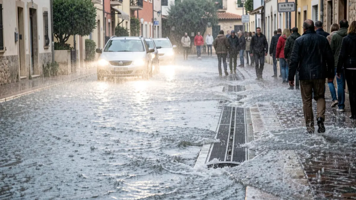 Imagen genérica de lluvia intensa en una calle de un pueblo mediterráneo con acumulación de agua.