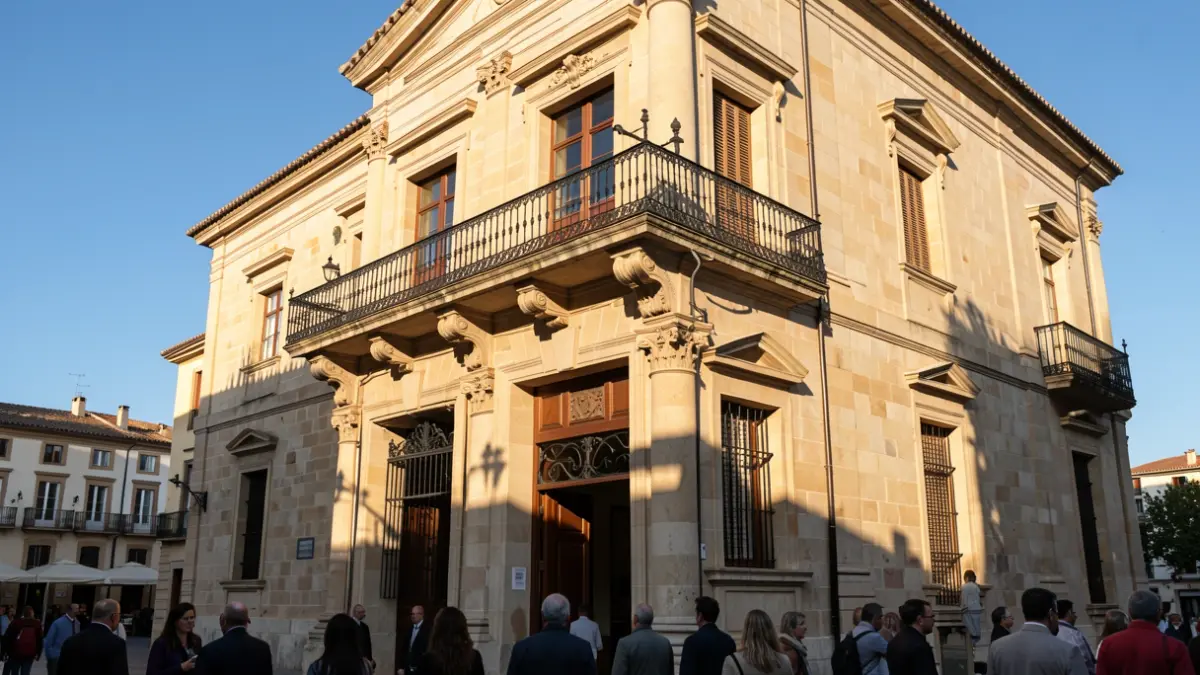 Imagen genérica de la fachada de un ayuntamiento de Catalunya con balcón y barandillas de hierro, luz cálida de la tarde y cielo azul.