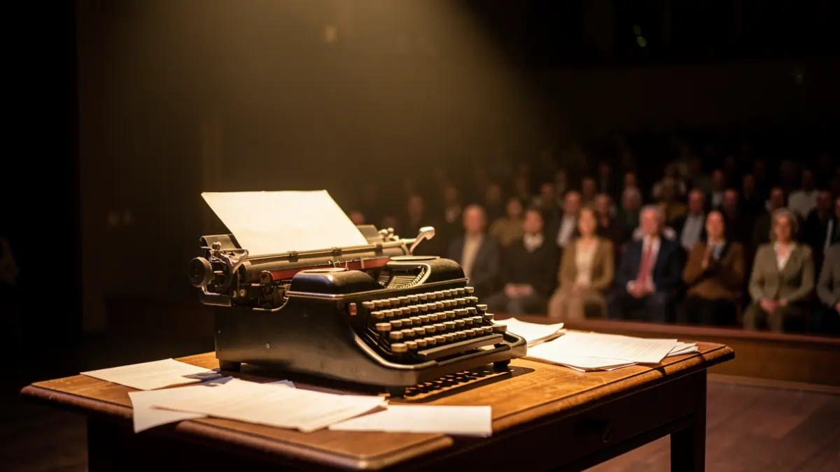 Generic image of a theatre stage with an old typewriter under a spotlight.