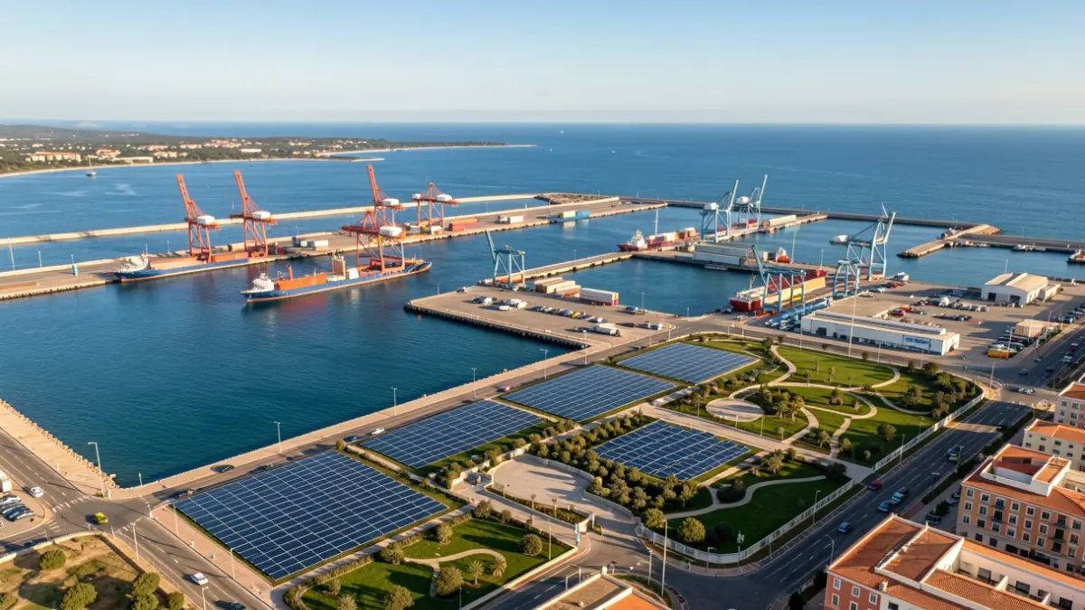 Aerial view of the Port of Tarragona with sustainable infrastructure.