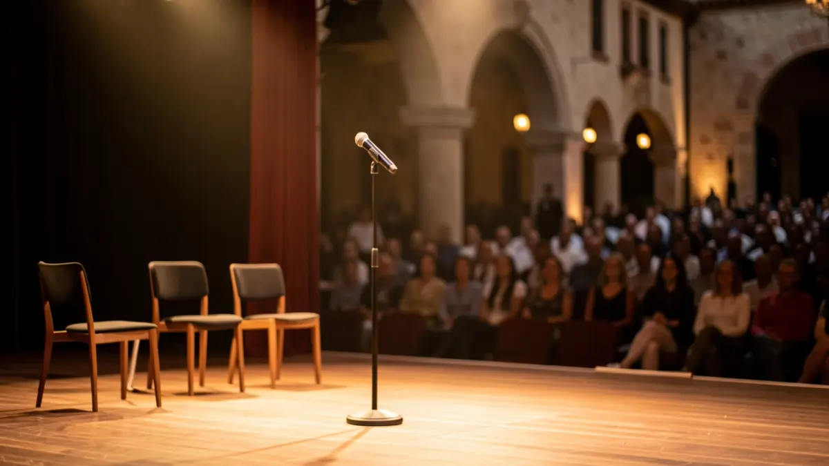 Escenari buit d'un concurs musical amb micròfon i focus.