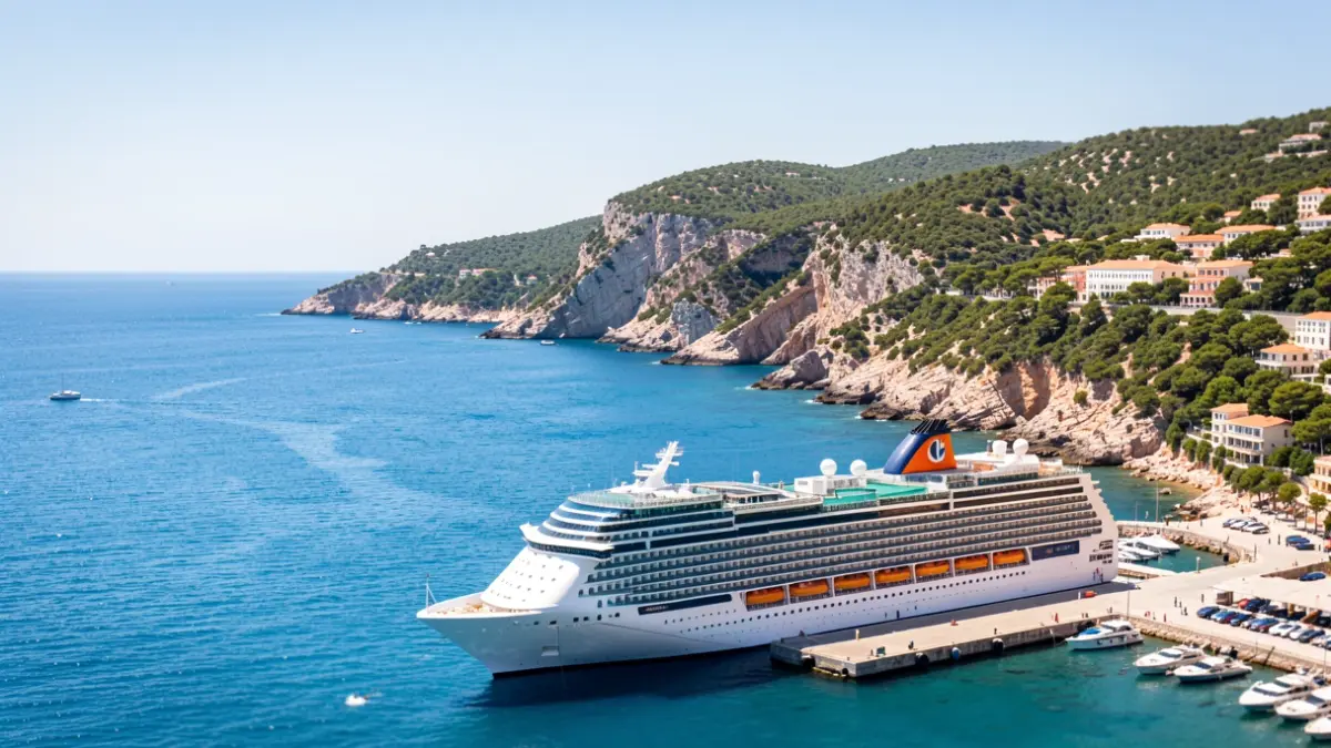 View of the Costa Brava with a cruise ship docked at the port.
