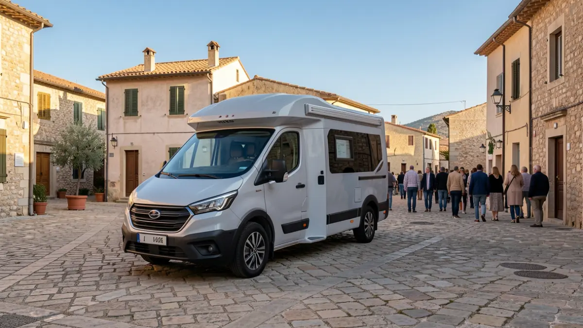 Image of a mobile banking office parked in a village square.