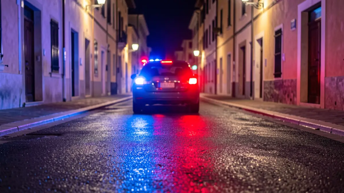 Imatge genèrica de llums d'emergència policials reflectint-se en asfalt mullat a la nit.