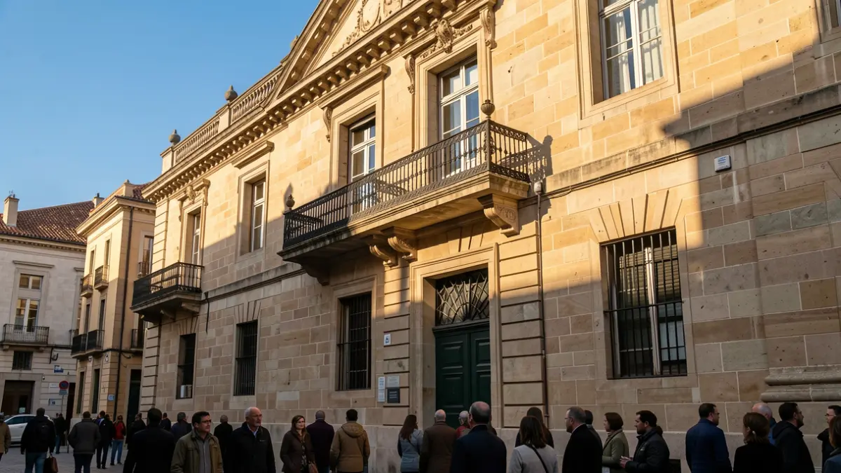Generic image of a Catalan town hall facade with a balcony and iron railings, warm afternoon light.