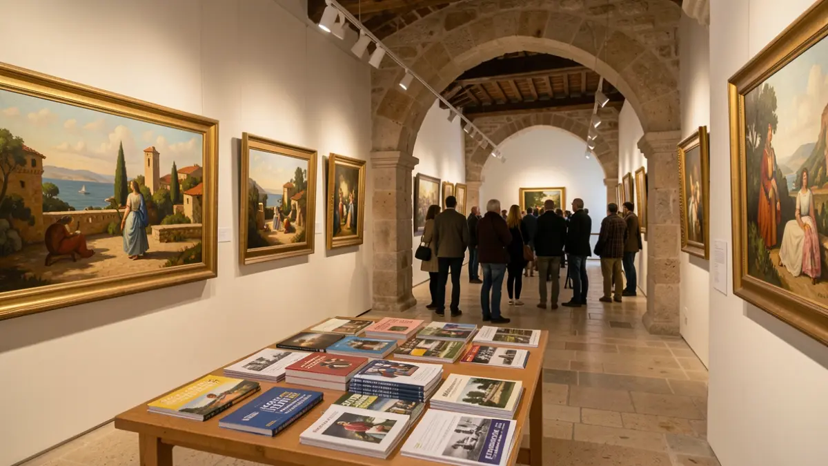 Interior del Museo de Pintura de Sant Pol de Mar con una exposición de libros.
