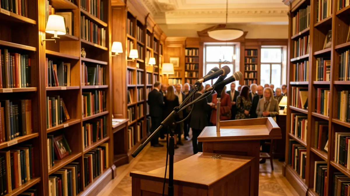 Imagen genérica de una biblioteca con libros y un micrófono.