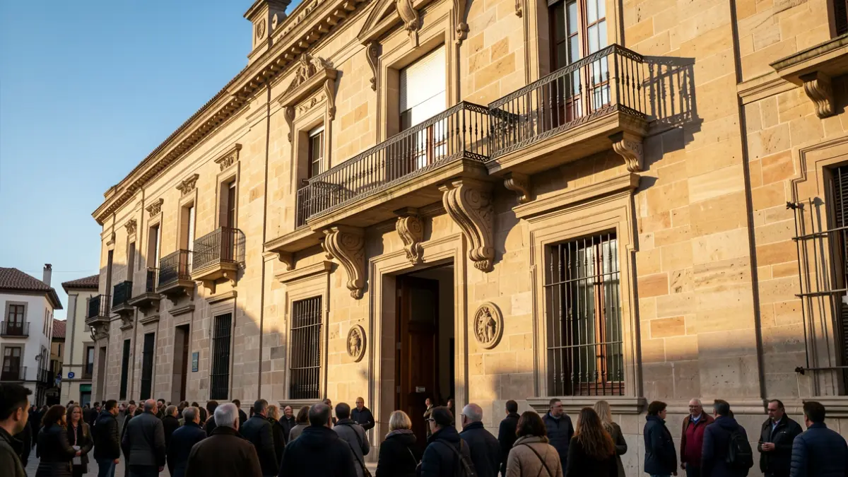 Generic image of a Catalunya town hall facade with balcony and iron railings, warm afternoon light.