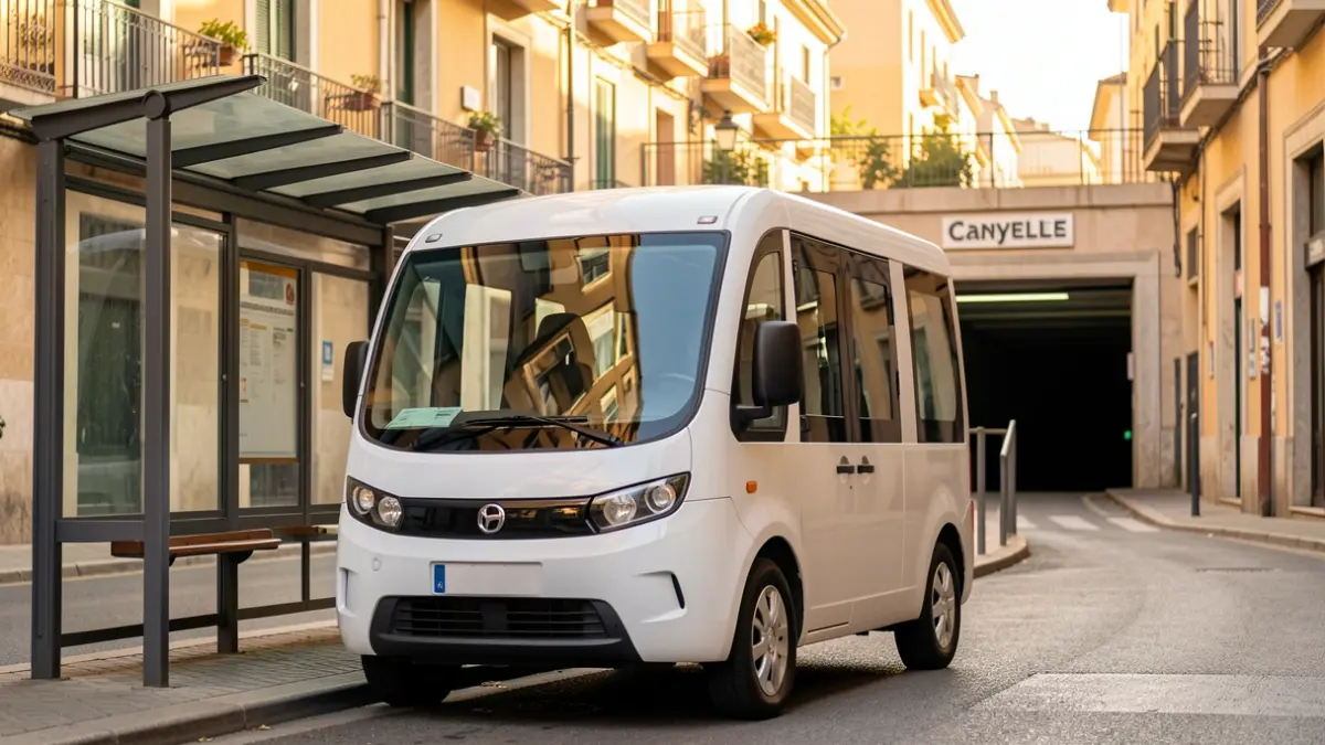 Minibús eléctrico frente a la estación de metro de Canyelles en Barcelona.