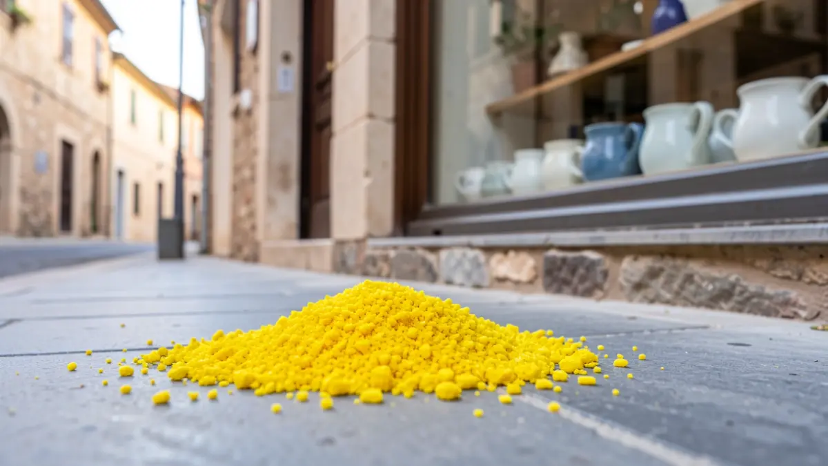 Producto amarillo peligroso vertido en la acera frente a una tienda de tazas de barro en Vic.