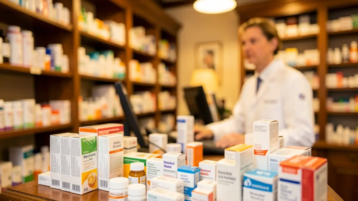 Generic image of a pharmacy counter with medications.