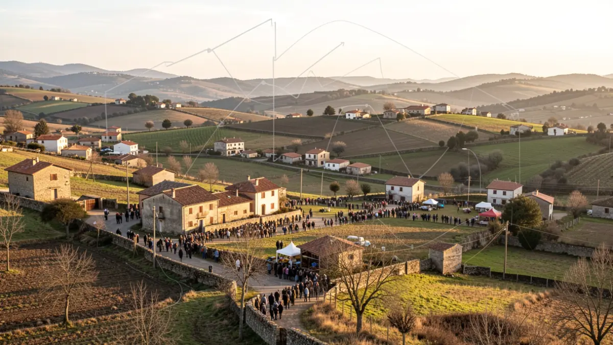 Paisaje rural catalán con casas dispersas y campos, iluminado por la luz cálida de la tarde.