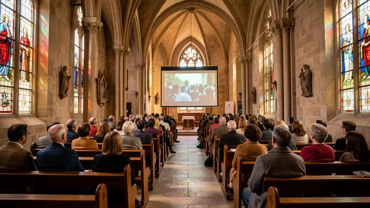 Interior d'una capella històrica amb projecció de documental.