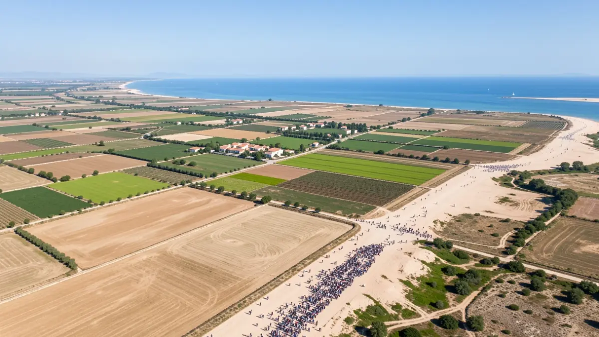 Vista aérea de los campos de cultivo y la línea de costa del Delta del Ebro.