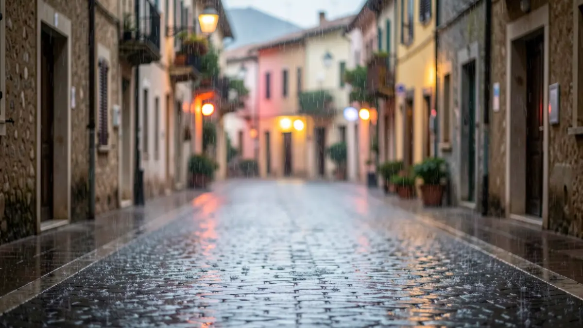 Generic image of heavy rain on a street in a Mediterranean town.