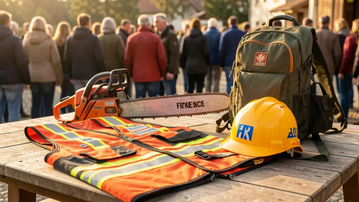 Equipamiento de Protección Civil de Lloret de Mar, incluyendo chalecos de rescate, cascos y una motosierra.