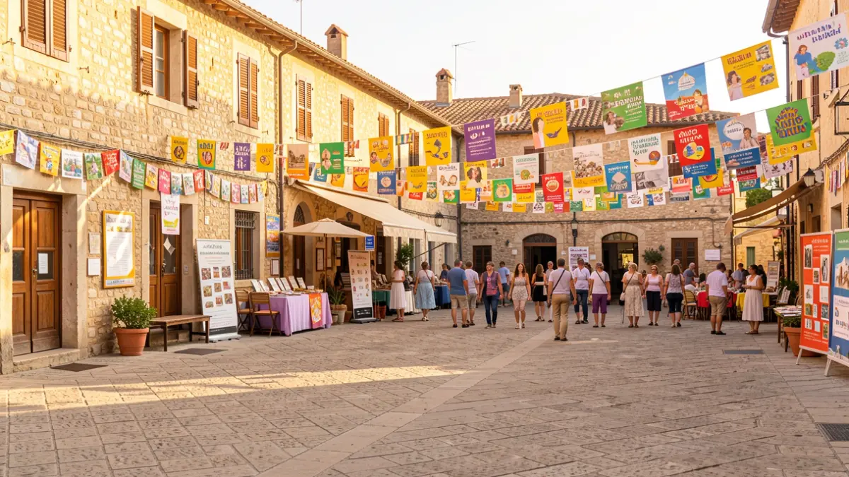 Imatge genèrica d'una plaça de poble català amb elements festius.