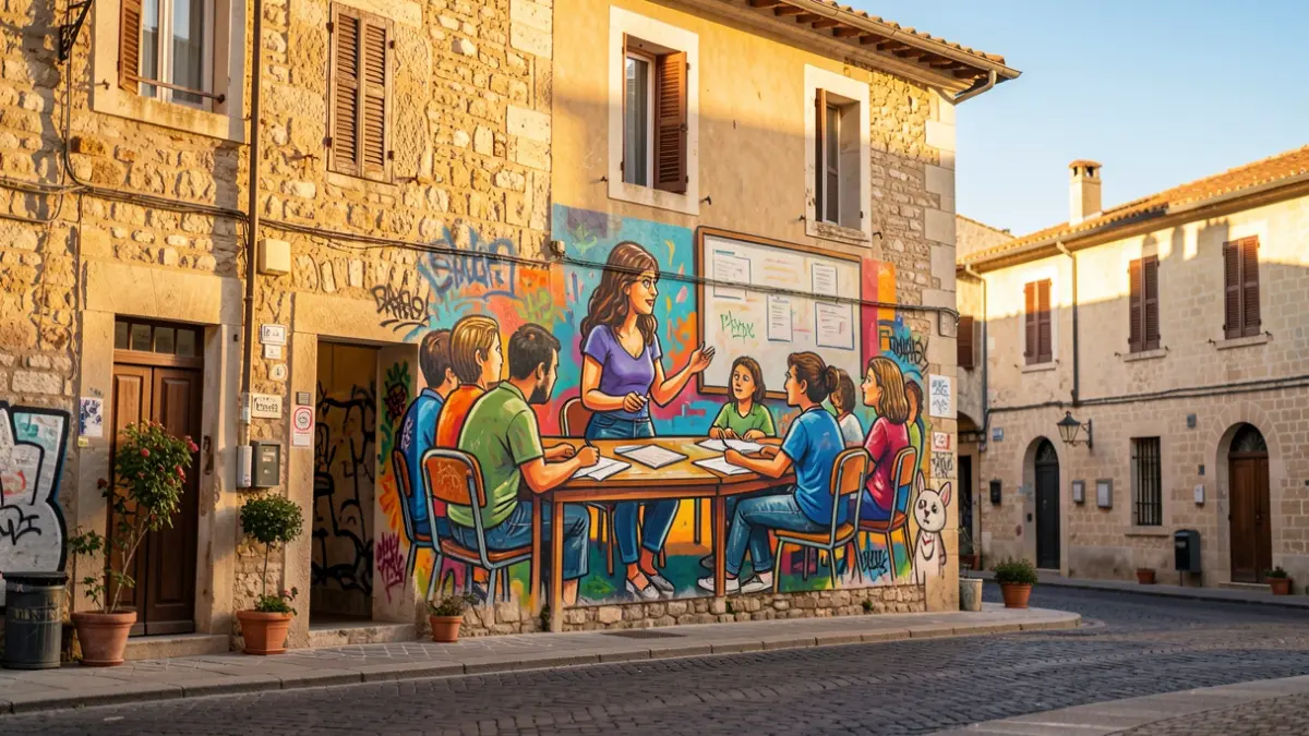 Mural artístic que representa Dolors Piera ensenyant a classe a Puigverd d'Agramunt.